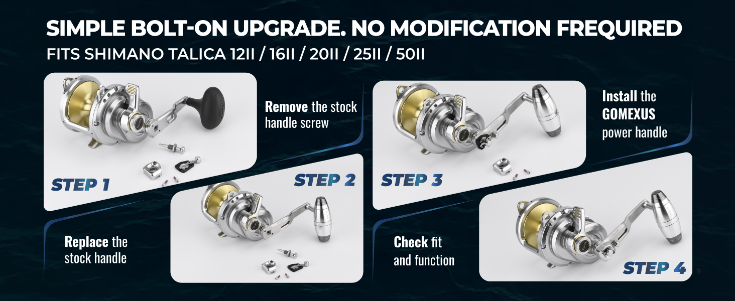 Simple bolt on installation guide for Gomexus power handle fitting Shimano Talica 12II 16II 20II 25II 50II conventional reels