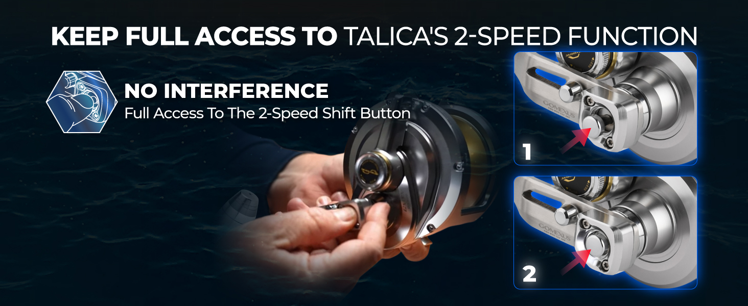 Shimano Talica power handle replacement showing zero interference and full access to the 2 speed shift button