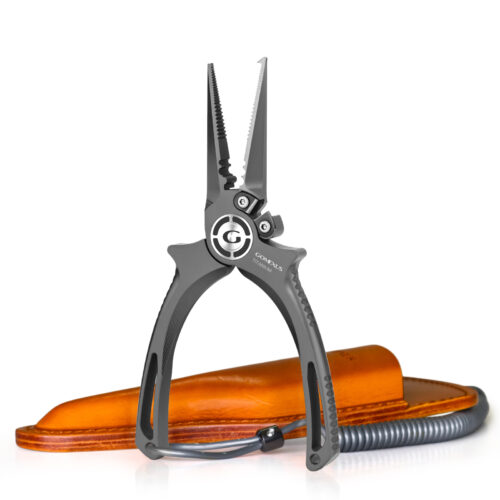 Gomexus 6.5 split ring Titanium Fishing Pliers with premium leather sheath and lanyard