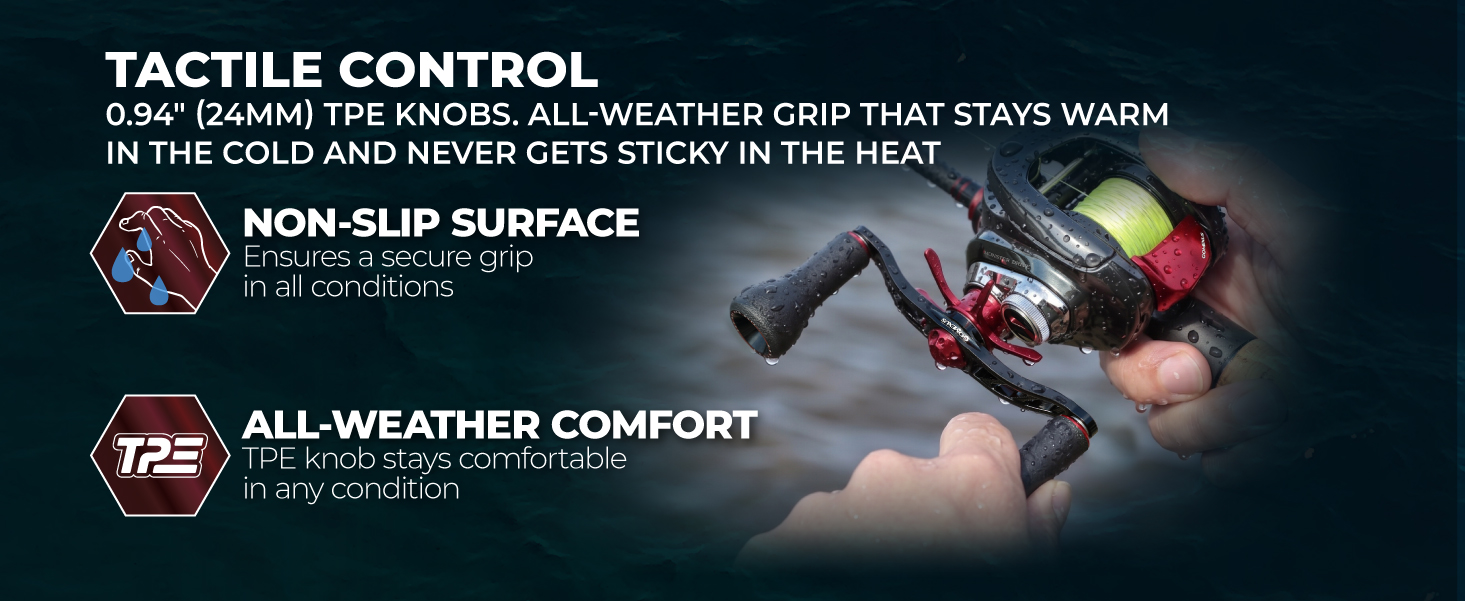 Gomexus BDH-TPE24 | Baitcasting Reel Handle Upgrade (100mm) with TPE Knobs 3 Close-up of 24mm TPE knobs providing non-slip tactile control and all-weather comfort in cold or heat