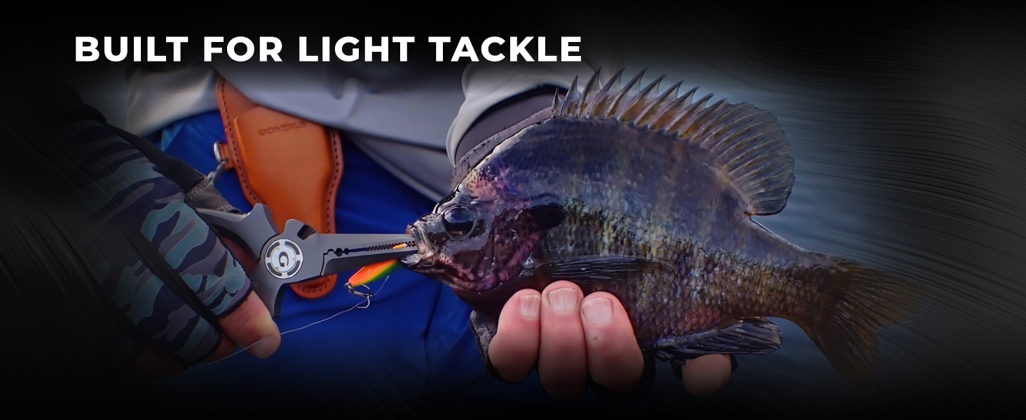 Agile 6.5 inch Titanium Split Ring Pliers removing a micro treble hook from a sunfish under a light tackle finesse fishing setup