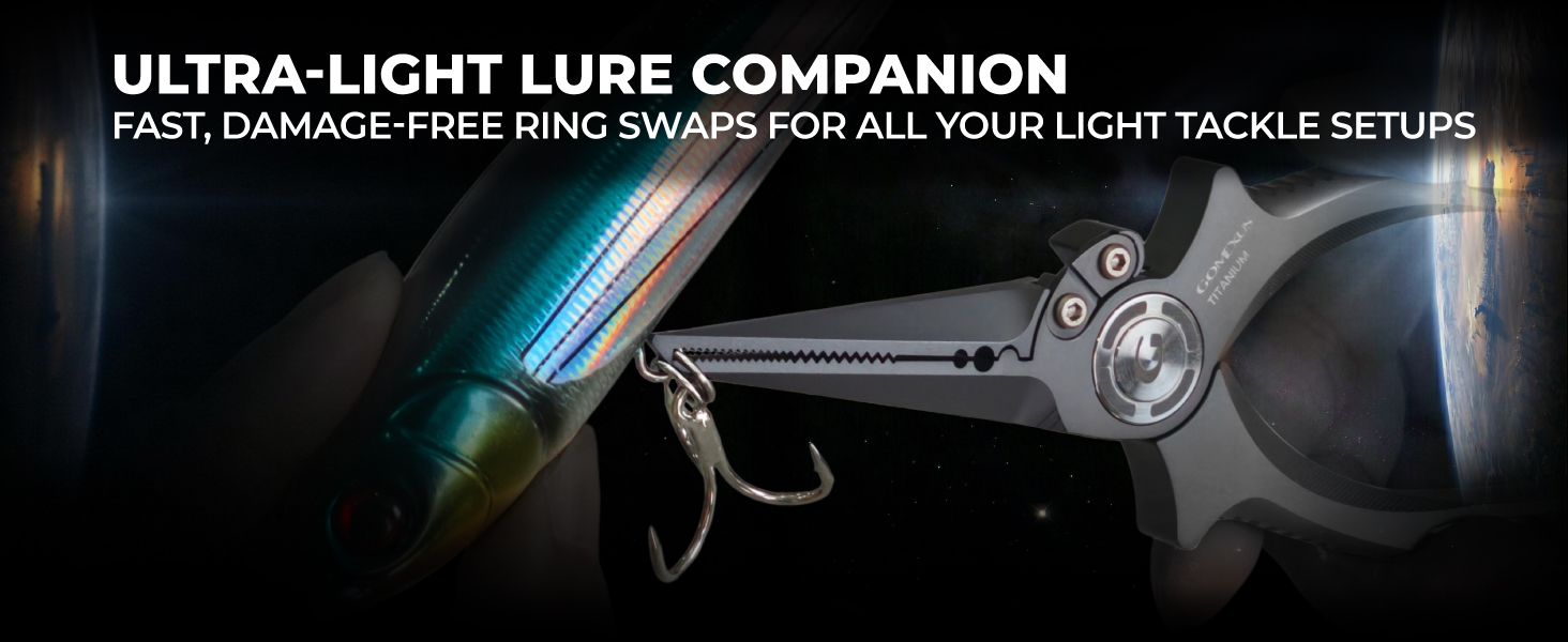 Precision tapered curved nose tip of Titanium Split Ring Pliers executing fast rig and micro treble hook changes on a finesse hardbait lure