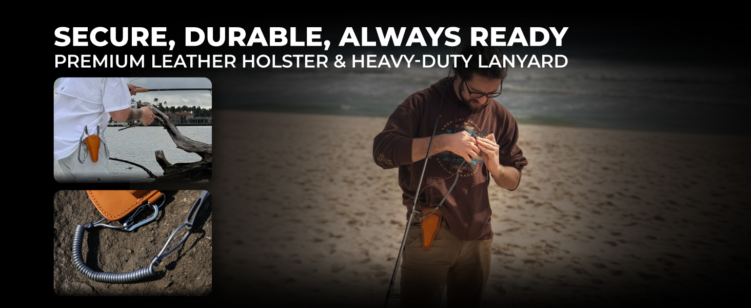 Mobile tactical carry system for Titanium Split Ring Pliers featuring a premium molded leather sheath with belt clip and security lanyard on a surf beach