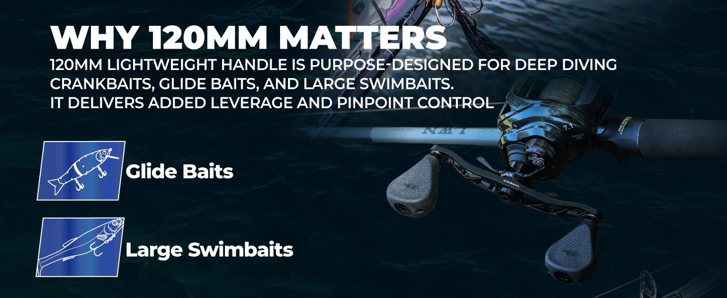 Why 120mm baitcasting handle with flat knobs matters for glide baits and swimbaits