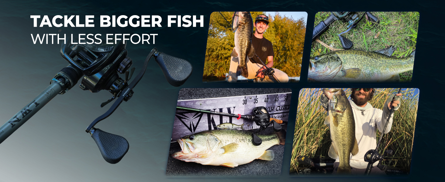 Anglers catching big largemouth bass using Gomexus 120mm baitcasting handle