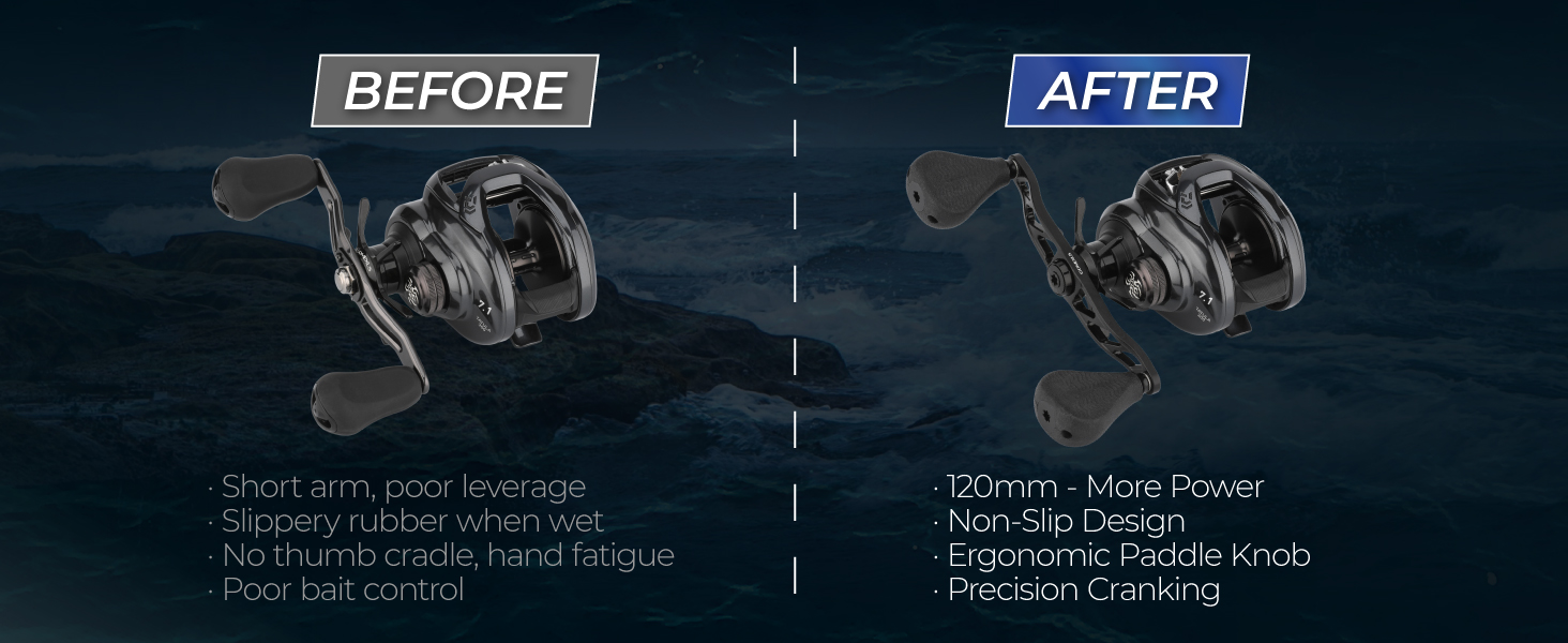 Before and after comparison of stock rubber handle vs Gomexus 120mm baitcasting handle