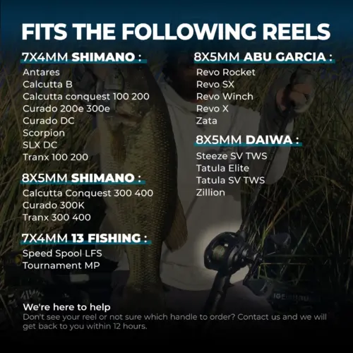 Compatibility list for Gomexus BDH-TPE35 showing fitment with Shimano, Daiwa, Abu Garcia, and 13 Fishing reels.