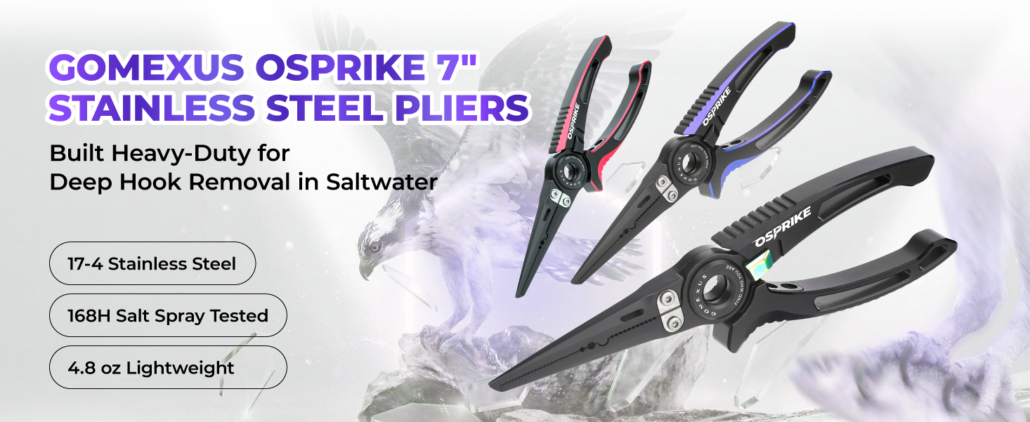 Osprike 7'' Stainless Steel Fishing Pliers for Saltwater 1 Gomexus Osprike 7 inch stainless steel fishing pliers hero banner