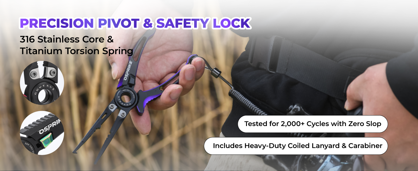 Osprike 7'' Stainless Steel Fishing Pliers for Saltwater 5 Precision pivot with titanium torsion spring and included heavy duty coiled lanyard