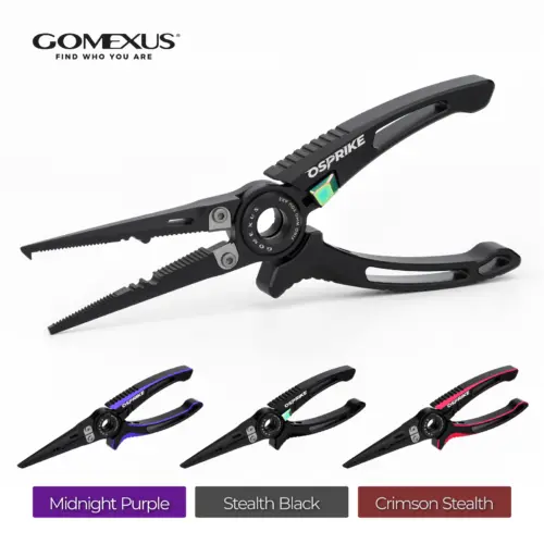 Color variations of Gomexus Osprike 7 inch fishing pliers including Midnight Purple, Stealth Black, and Crimson Stealth.