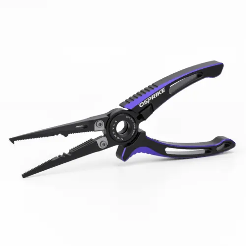 Gomexus Osprike 7 inch stainless steel saltwater fishing pliers in Midnight Purple with needle nose jaws and line cutters.