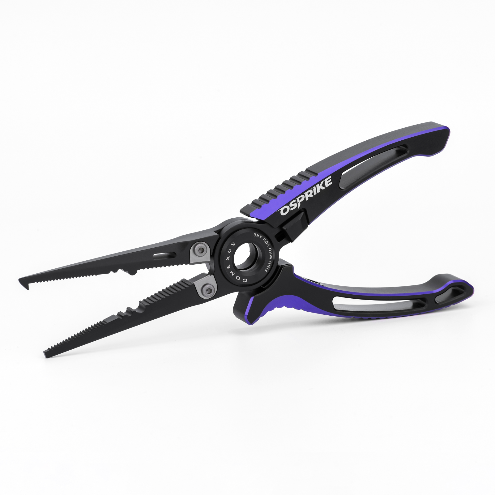 gomexus-osprike-7-inch-stainless-steel-fishing-pliers-purple Gomexus Osprike 7 inch stainless steel saltwater fishing pliers in Midnight Purple with needle nose jaws and line cutters.