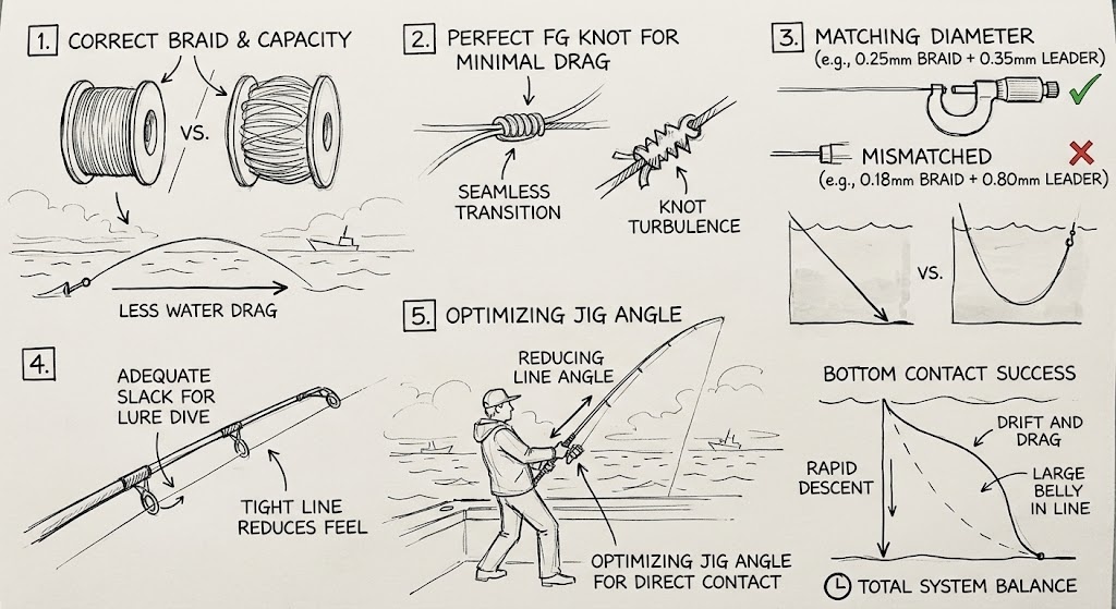 saltwater jigging setup：Preventing Line Breakage & Water Drag
