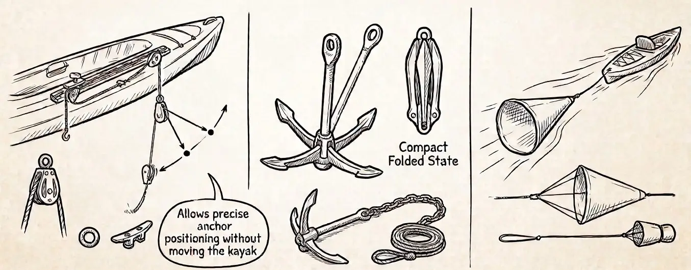 Anchor Trolley, Folding Anchor, and Drift Sock - Kayak Fishing Accessories