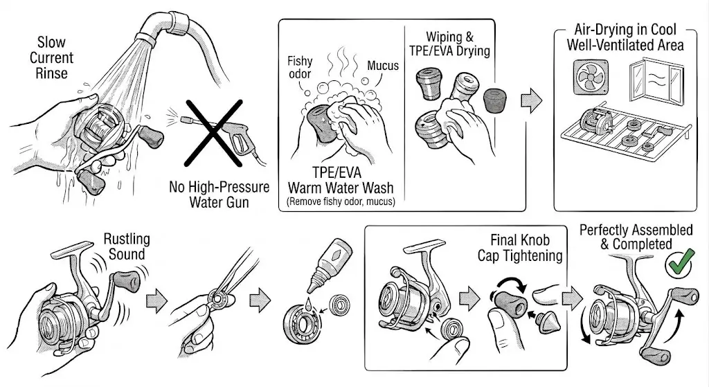 Step-by-step diagram showing fishing reel cleaning, knob drying, bearing lubrication with reel oil, and reassembly instructions